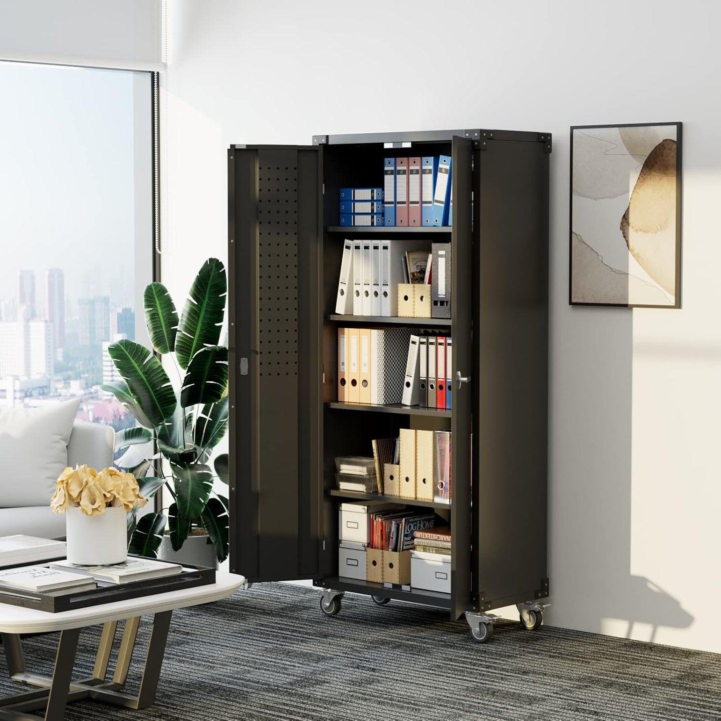 72" Metal Storage Cabinet with Wheels and Pegboard, Lockable Rolling Steel Storage Cabinet with 4 Adjustable Shelves and Door for Garage, Office, Kitchen, Assembly Required