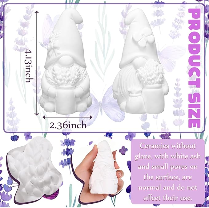 Seenelling 2 Pack Lavender Dream Gnomes Ready to Paint Your Own Statues 4'' DIY Unpainted Ceramics Figurines Kit Paintable Ceramics Art and Crafts Purple Fragrance Wonderland Journey Decor