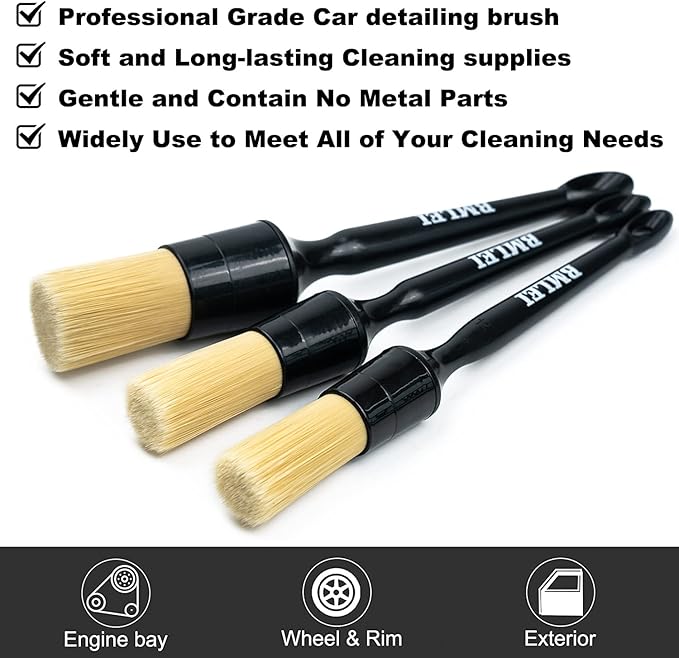 3pcs Car Detailing Brushes Set,Boars Hair Auto Car Detail Brush Kit No Scratch, Car Detailing Kit for Clean Interior or Exterior, Wheels, Tires, Engine Bay, Leather Seats