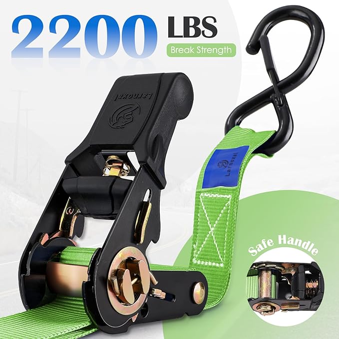 Ratchet Straps 4 Pack - 2,200 Lbs Break Strength 1 in x 15 Ft Medium Duty Ratchet Tie Down Straps with S Hooks Set for Truck, Cargo Van, Trailer, Motorcycle (Green)