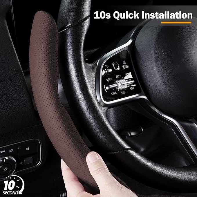 Nappa Leather Car Steering Wheel Cover for Men Women, Ultra-Thin Non-Slip Breathable Microfibre, Universal for 14.5"-15" Steering Wheel - Brown