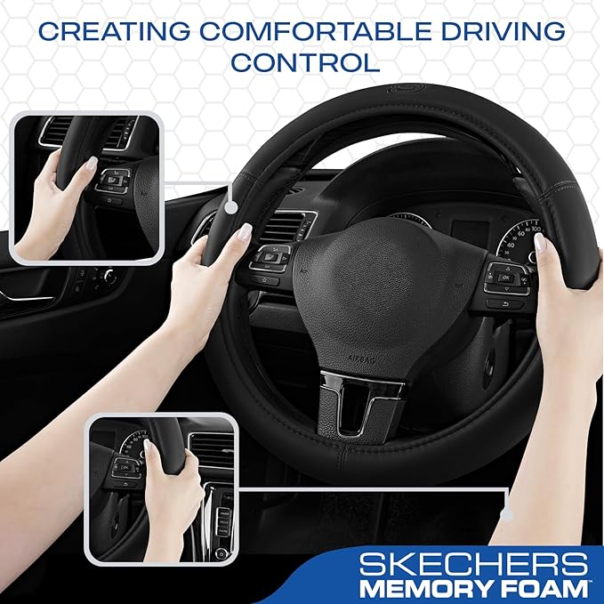 Skechers Memory Foam Steering Wheel Cover,Grade Protein Leather Steering Wheel Cover,Universal Anti-Slip Fit 14" 1/2-15" Car Wheel Cover for Men Women Fit Suvs,Vans,Sedans,Car,Trucks,Black