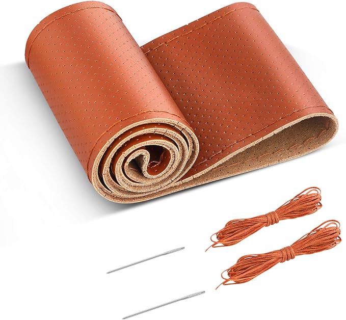 BELINOUS Universal Leather Car Steering Wheel Cover, Stitch On Wrap (Size L4, Brown)