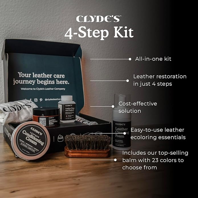 Clyde's™ 4-Step Leather Recoloring Kit | Includes Brush and Lint-Free Towels | Cleans, Restores, and Protects Your Leather