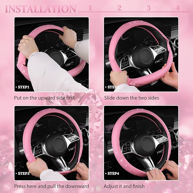 CAR PASS Bling Diamond Pink Leather Steering Wheel Cover, Studded Shining Rhinestones Universal Fit 14" 1/2-15" Glitter Sparkly Crystal Fit for Women Girl SUV,Vans,Sedans,Car,Trucks, Pink Diamond