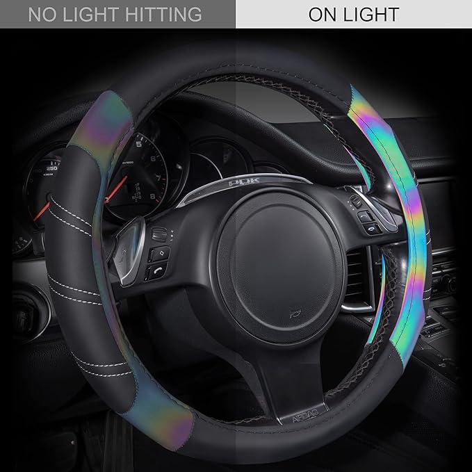 CAR PASS Line Rider Microfiber 13.5-14 Inch Leather Sporty Steering Wheel Cover Universal Fits for 95% Truck,SUV,Cars, Anti-Slip Safety Comfortable Desgin (Black Reflective)