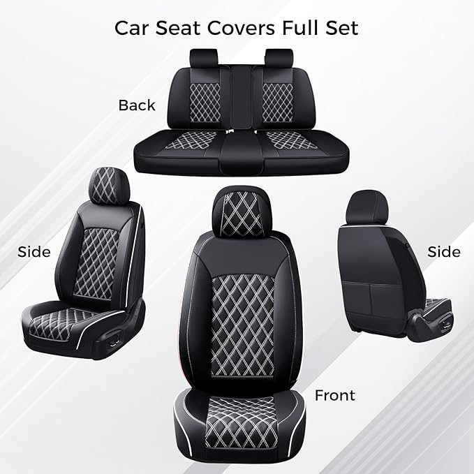 Huidasource Universal Car Seat Cover, Front and Back Full Set Seat Covers, Automotive Waterproof Nappa Leather Car Seat Cover Set Universal Fit for Most Cars, Vans, Trucks, SUVs (Full Set/Black&White)