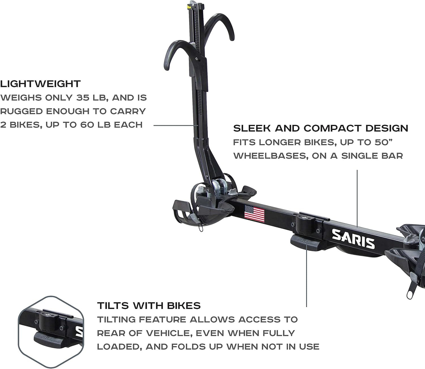 Saris SuperClamp EX 2-Bike HD Hitch Rack – RV Compatible, Lightweight Platform Bike Carrier for SUV, Truck, RV– Tilting Design, Secure Wheel Clamping, Fits Road, Mountain, E-Bikes – 2" Hitch Receiver