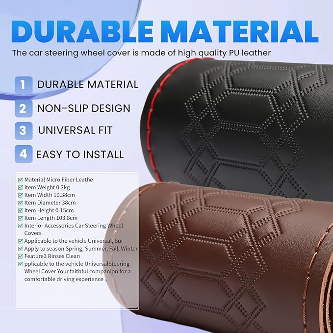 DEEYOTA Car Steering Wheel Cover Universal Fit Round Stitch Steering Wheel Wrap Thin PU Leather Steering Wheel Cover Sewn on 15" Car Wheel (Coffee)