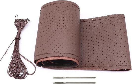 GXARTS 14.5-15-Inches Universal Steering Wheel Cover Leather Breathable Brown Coffee Color Stitch On Wrap Cover DIY Sewing Steering Wheel Protector Anti Slip Fit for Most Cars SUVs and Trucks