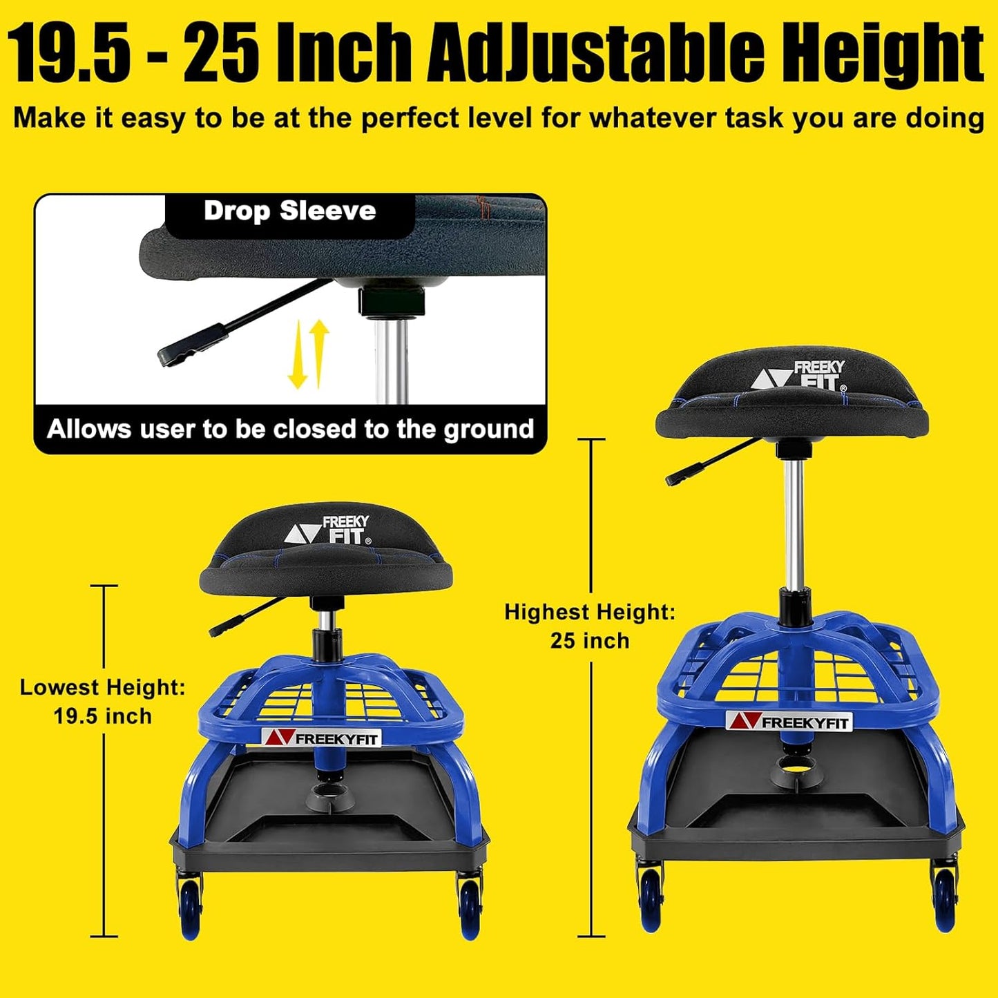 Rolling Stool with Blue Wheels,Heavy Duty Garage Work Mechanic Rolling Shop Stool with Backrest, Adjustable Height 360°Swivel Roller Mechanic Chair with 2 Tool Trays, 330 LBS Capacity