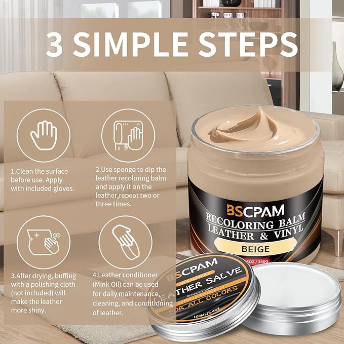 Beige Leather Recoloring Balm with 100ml Mink Oil,Leather Couch Scratch Remover,Leather Repair kit for Vinyl Furniture and Car Interior,Leather Dye Paint,Mink Oil for Leather