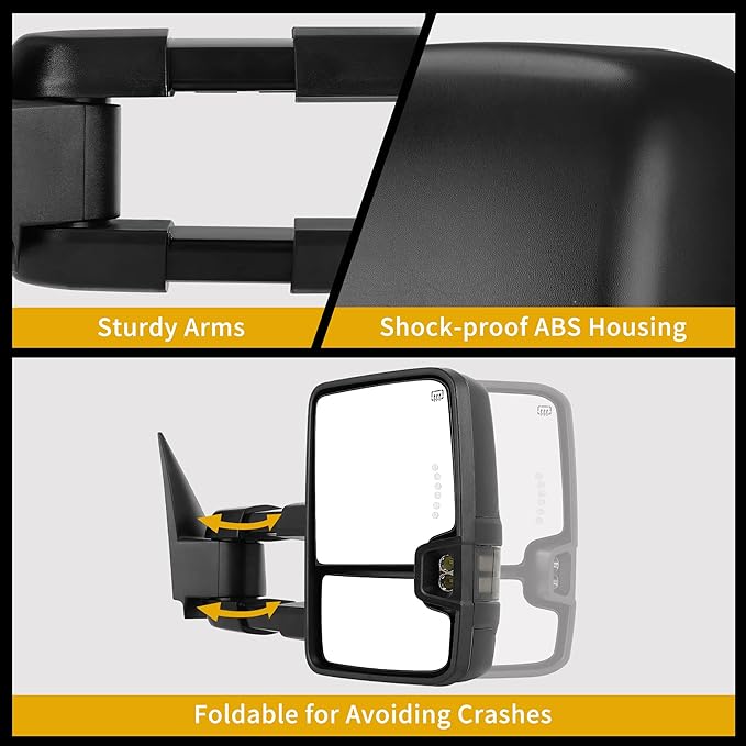 DWVO Towing Mirrors Compatible with 03-06 Silverado Sierra 1500 2500 HD 3500 Escalade Suburban Tahoe Yukon, Turn Light Running Lights Power Heated Manually Folding Switchback