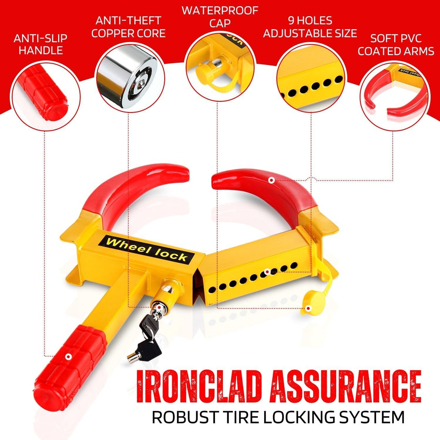 Flexzion Trailer Wheel Lock Anti Theft Wheel Clamp Lock - Heavy Duty Adjustable Tire Boot Lock for Trailer with Keys, Red & Yellow Universal Wheel Clamp for Cars, Golf Carts, Boats, Scooters