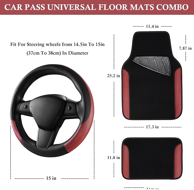 CAR PASS Faux Leather Steering Wheel Cover and Waterproof Car Floor Mats, Universal Car Combo Fit for 95% Sedan,SUV,Cars, 14.5-15inch Sporty Anti-Slip Safety Comfortable Design Burgundy