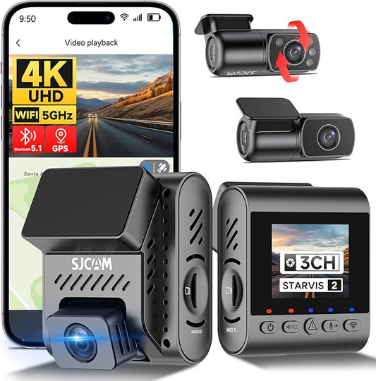 SJCAM M60 3 Channel Dash Cam Front and Rear Interior with Fast Bluetooth Connection, Equipped with STARVIS 2 HDR, Dashcam Front and Rear Camera, Built-in GPS/WiFi/Bluetooth, WDR Night Vision, 3CH