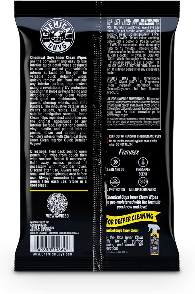 Chemical Guys InnerClean Interior Quick Detailer & Protectant Wipes – 50 Pack Multi Surface Cleaning Wipes for Dashboards, Doors and Seats – Safe for Cars, Trucks, SUVs, RVs and Home Use