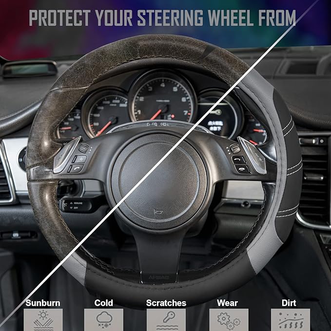 CAR PASS Line Rider Microfiber Leather Sporty Steering Wheel Cover Universal Fits for 95% Truck,SUV,Cars,14.5-15inch Anti-Slip Safety Comfortable Desgin (Black-Gray)