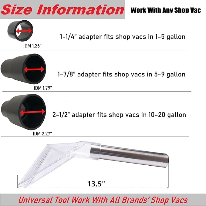 TunaMax Universal Work with All Shop Vacs Clear Extractor Attachment with 1-1/4" & 1-7/8" & 2-1/2" Adapters for Upholstery & Carpet Cleaning & Auto Detailing, Wet/dry Vacuum Extraction Accessory