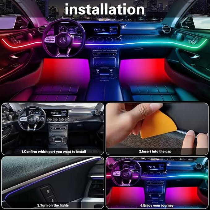 Acrylic Interior Car LED Lights with Remote and Wireless APP 10 in 1,Ambient Lighting Kits Fiber Optic Strip LEDs,16 Million Colors Music&DIY Function