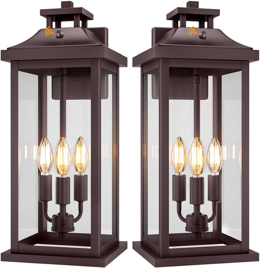 Oil Rubbed Bronze Dusk to Dawn Outside Lights 3-Light, 20" 2 Pack Porch Wall Mount Light Fixtures Large Brown Photocell Sensor Outdoor Wall Lanterns, Vintage Exterior Sconce Lamps E12