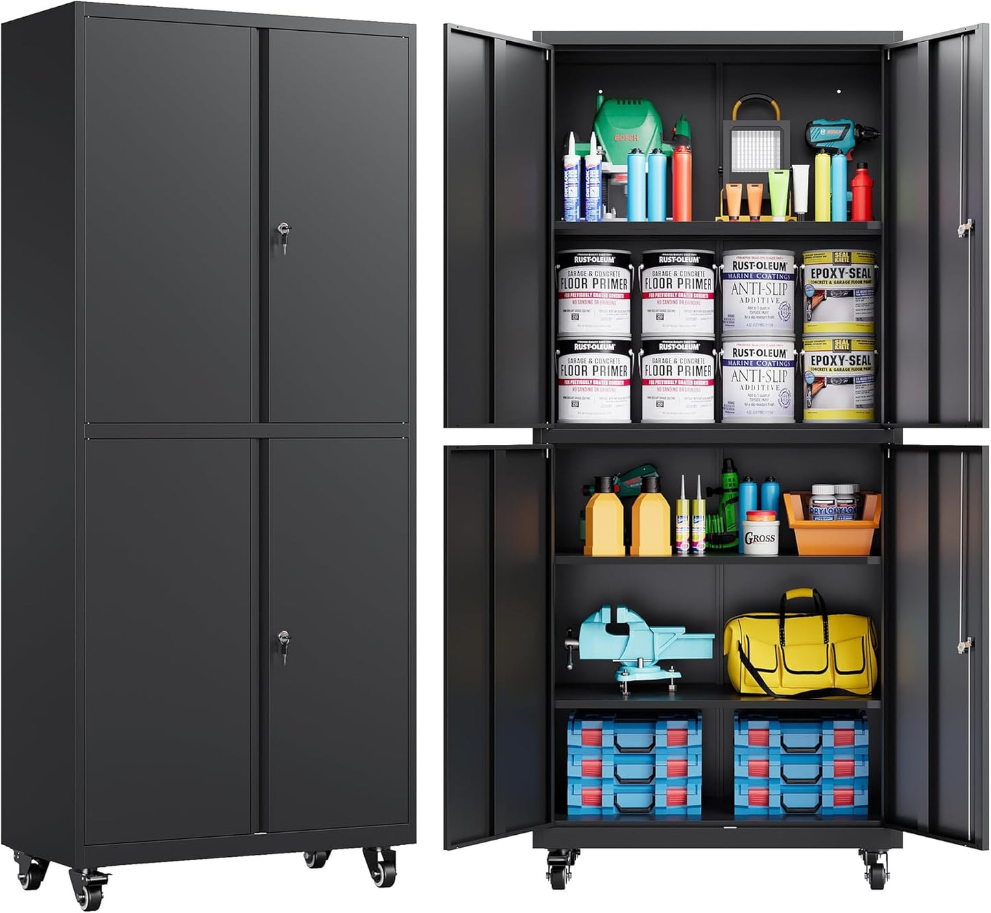 SISESOL Metal Storage Cabinet with Wheels,73" Rolling Garage Storage Cabinet with Lock,Black Metal Cabinets with Shelves and 4 Doors,Tall Tool Cabinets on Wheels for Garage,Home,Office,Shop