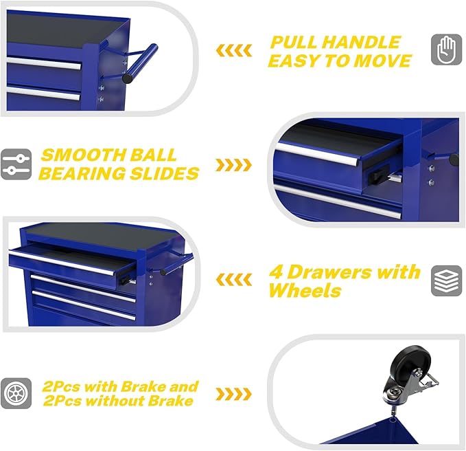 233PCS 4 Drawers Rolling Tool Box with Tool Sets, Heavy Duty Steel Garage Storage Cabinet with Lockable Wheels, Mechanic Organizer for Home, Auto, Workshop, Warehouse, Blue