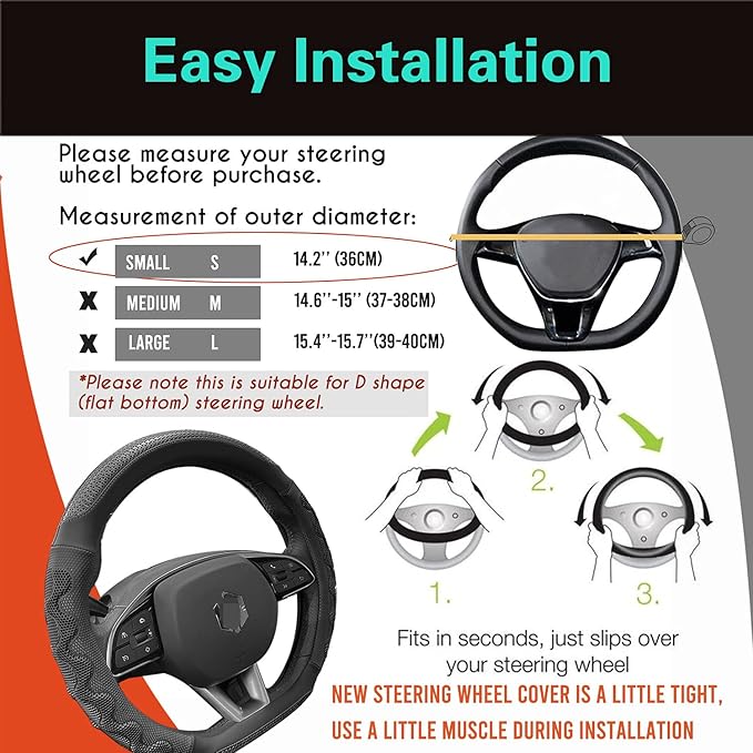 PINCTROT D Shaped 14 Inch Small Sized Steering Wheel Cover Great Grip with 3D Honeycomb Anti-Slip Design, Flat Bottom 14 Inch (All Black)