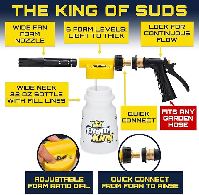 Foam King™ Gun Car Wash + Power Foam Car Wash Soap Strip (10ct = 5 Car Washes) - Connects to Garden Hose, Ultimate Scratch Free Cleaning Snow Blaster Cannon Washing