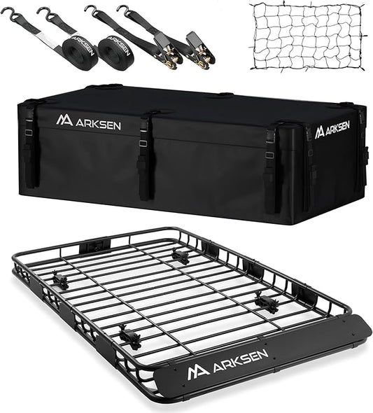 ARKSEN 64 x 39 x 4 Inch Upgrade Universal Roof Rack with Waterproof Bag, Cargo Net, 2 Ratchet Straps - 150Lbs Capacity Heavy Duty Rooftop Cargo Carrier with Extension for Car, SUV & Pickup