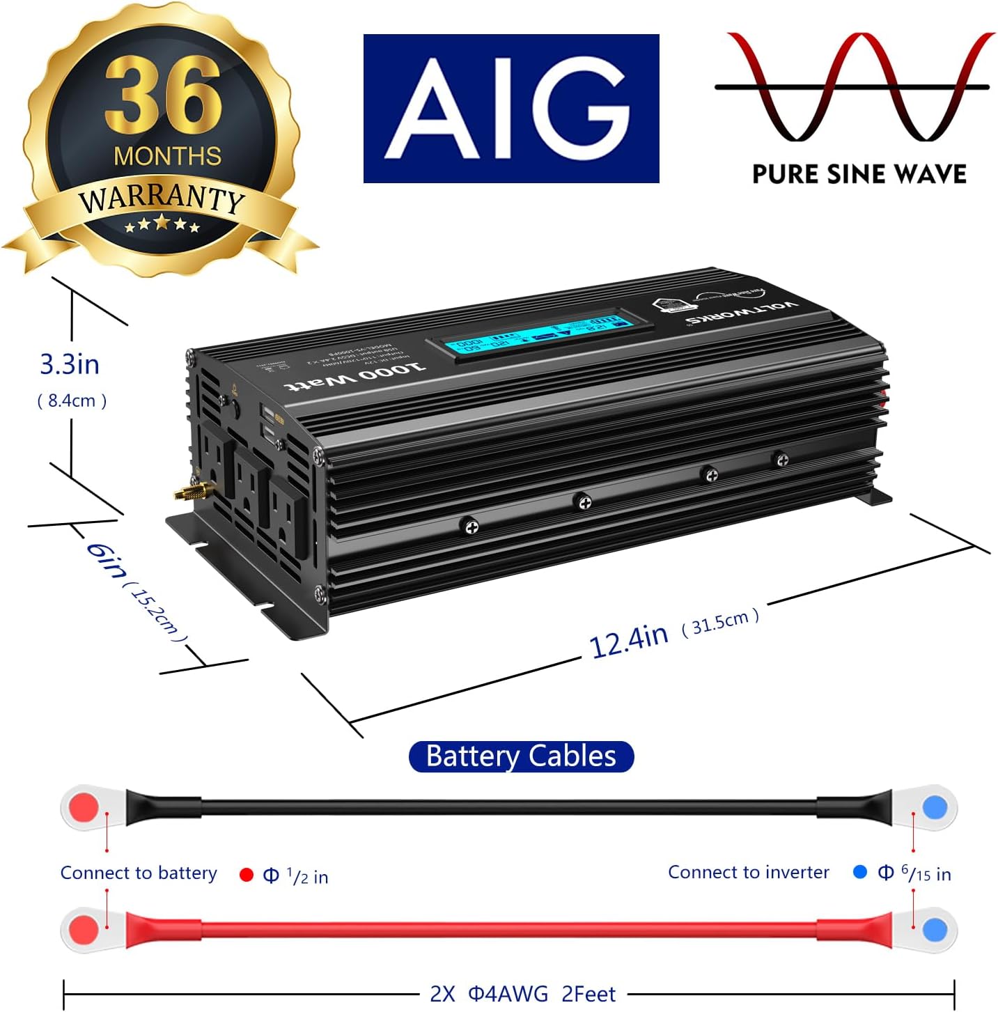 1000 Watt Pure Sine Wave Power Inverter ETL UL458 12V DC to 110V 120V AC 1000W for Home RV Truck Off-Grid Solar Compatible with Lithium Battery with LCD Display [3 Years Warranty] by VOLTWORKS