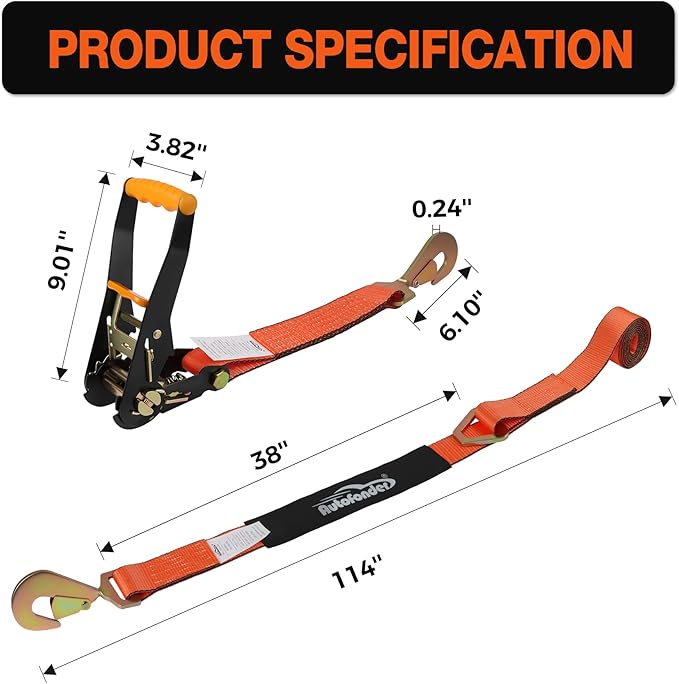 Heavy Duty 4 Pack Axle Tie Down Straps for Trailers-2" x 114" Car Hauler Straps with Snap Hooks-10,000 lbs Break Strength, 3300 lbs Capacity - DOT Certified Wheel Ratchet Tie Downs (Orange)