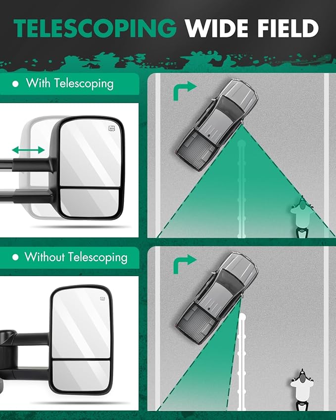 SCITOO Towing Mirrors fit For Chevy For GMC Exterior Accessories Mirrors fit 2007-2013 Silverado Sierra (07 New-Body Style) with Power Controlling (Main Mirror) Heated Manual Telescoping Folding
