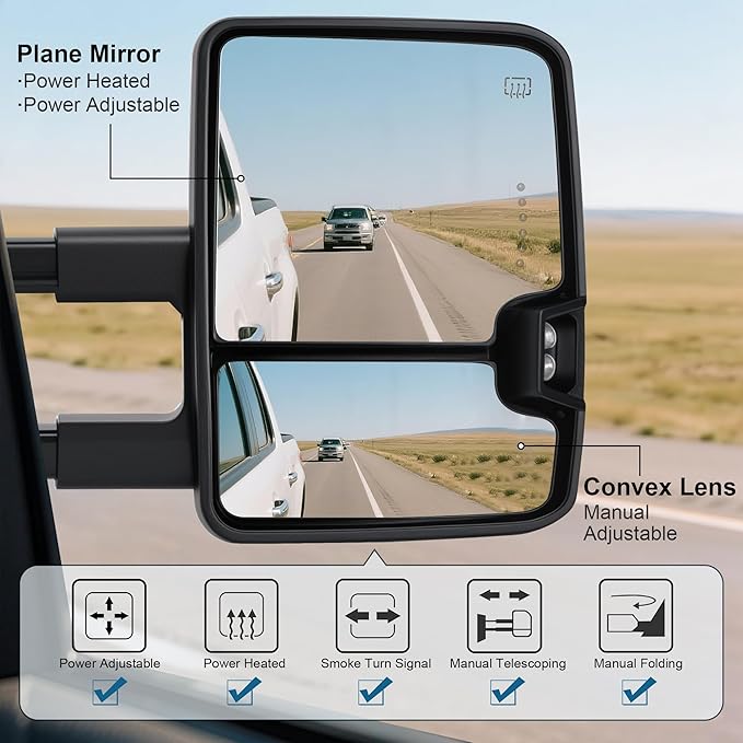 Tow Mirrors Compatible with 2007-2021 Tundra, 2008-2017 Sequoia, Extended Trailer Towing Side Mirrors with Sequential Switchback Turn Signal, Power Heated, Backup Light, Arrow Light, Chrome