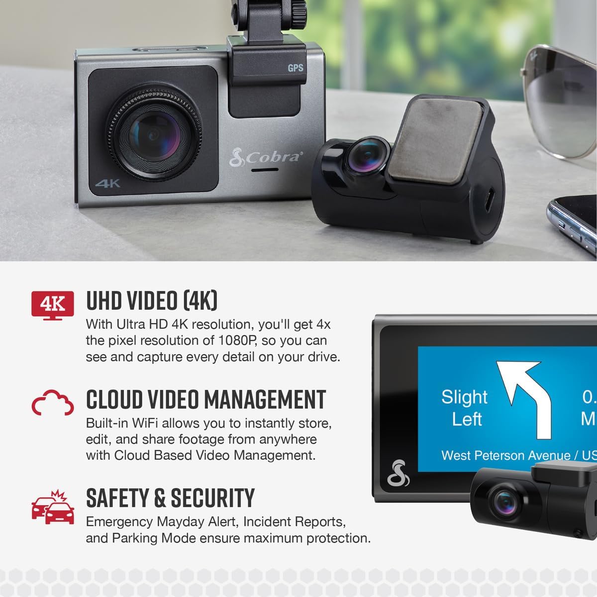 Cobra SC 400D Smart Dash Cam + Rear Cam and 2.5A OBDII Port to Micro-USB Hardwire Kit: Dual-View with UHD 4K Resolution, Built-in Wi-Fi & GPS, Live Alerts Through Drive Smarter App