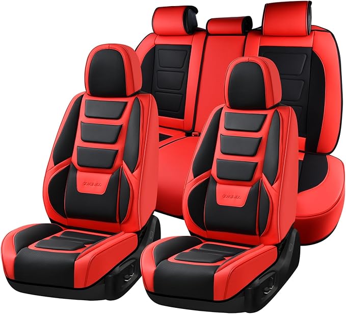 Coverado Car Seat Covers Full Set, Seat Covers for Cars, Front Seat Covers and Back Seat Cover Waterproof Leather Automotive Seat Cover, Universal Car Interior Protectors Cushion for Most Cars Red