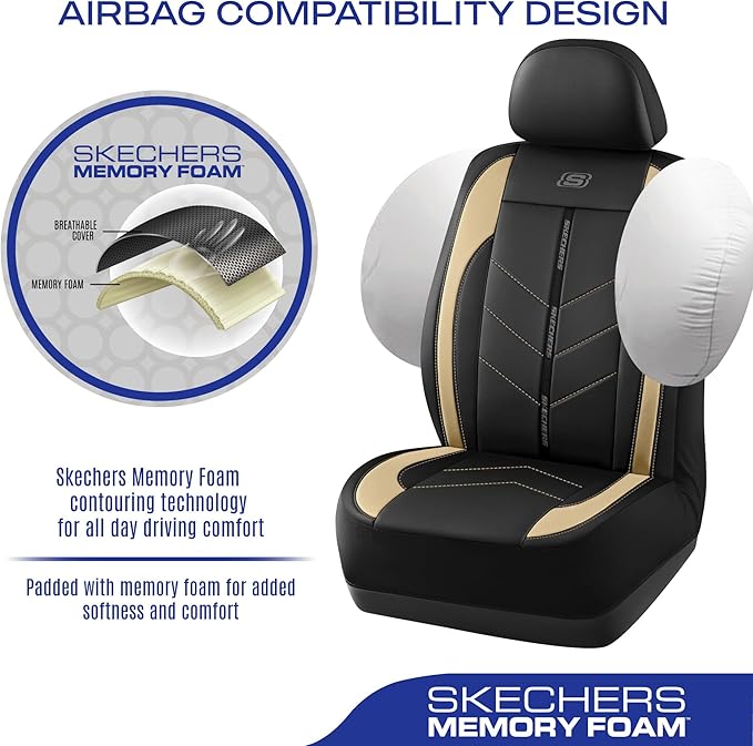 Skechers Car Seat Covers,Luxury Faux Leather Seat Covers,Waterproof Anti Slip Car Seat ProtectorFull Set,Car Accessories Airbag Universal Fit for Most Cars,Vans,Trucks,SUV,Beige