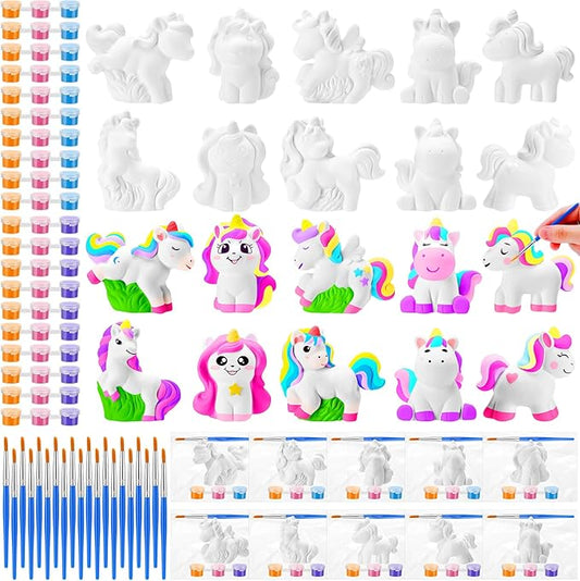Simgoing 20 Set Dinosaur Unicorn Mermaid Donut Jungle Animal DIY Painting Kit Pumpkin Snowman Ceramic Paint Your Own Figurines Unpainted Plaster Craft for Party Favor(Unicorn)