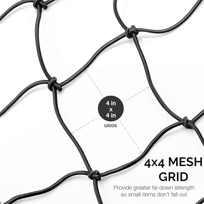 NEIKO 50971A 4'x6' Super Duty Small Cargo Net¸ Bungee Cargo Net, 16 Pcs Detachable hooks, 4 Carabiners, Small 4"x4" Mesh Protects Small Items, Cargo Net For SUV, ATV/UTV, RV, Pickup Truck Bed, Trailer