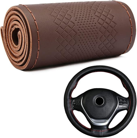 DEEYOTA Car Steering Wheel Cover Universal Fit Round Stitch Steering Wheel Wrap Thin PU Leather Steering Wheel Cover Sewn on 15" Car Wheel (Coffee)