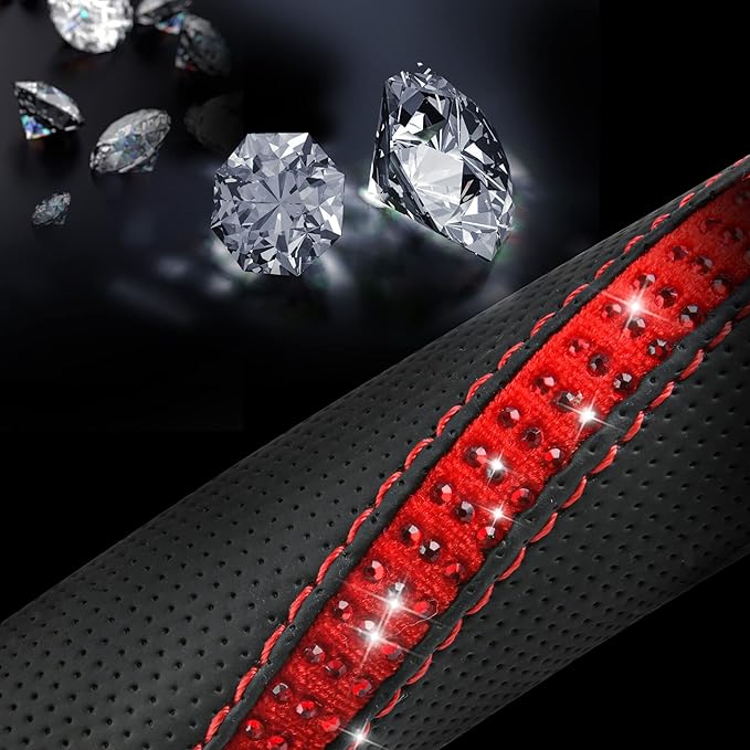 CAR PASS Bling Diamond Black Leather Steering Wheel Cover, Studded Crystal Rhinestones Universal Fit 14" 1/2-15" Glitter for Women Sparkle Girl Fit Suvs,Vans,Sedans,Car,Trucks, Red Diamond