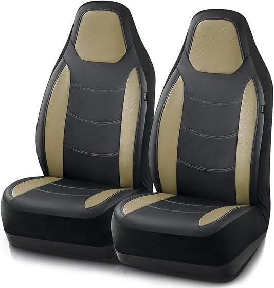 Road Comforts Car Seat Cover, Leather Seat Covers, Automotive Low Back Front Car Seat Covers, Airbag Compatible, Universal Fit for Most Cars (Beige)