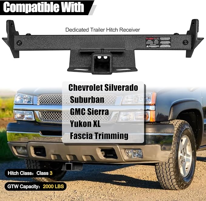 GNG Class 3 Trailer Hitch,2 inch Hitch Receiver,Compatible with Chevrolet Silverado, Suburban, GMC Sierra, Yukon XL, Fascia Trimming Textured Towing Hitch,Steel,Black