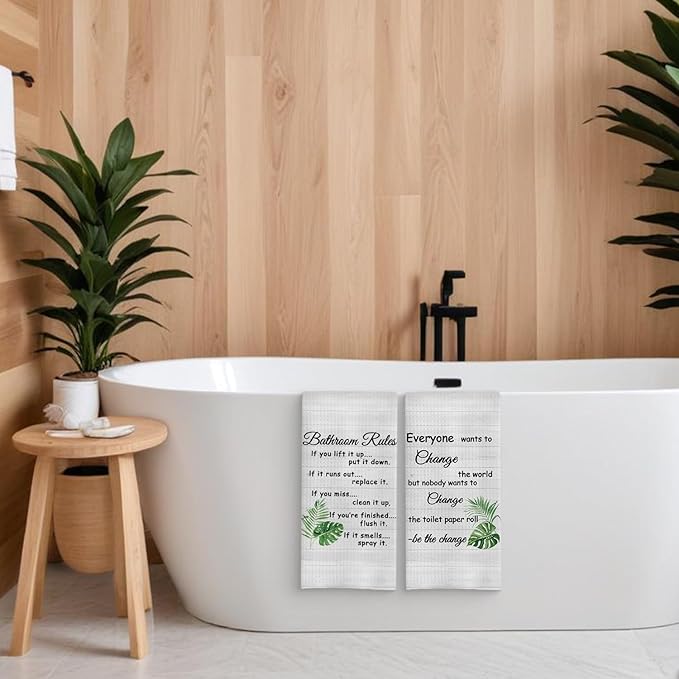 Funny Bathroom Rules Decorative Hand Towels Set of 2, Rustic Farmhouse Hand Towels for Bathroom Decor, 16x24 Inch(Tropical Leaves Style)