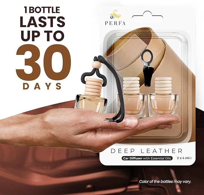 Deep Leather Car Air Freshener for Men | Pack of 2 Long Lasting Automotive Air Freshener | Odor Eliminator Car Perfume with Essential Oils | Car Air Freshener Vent Clip by Perfa