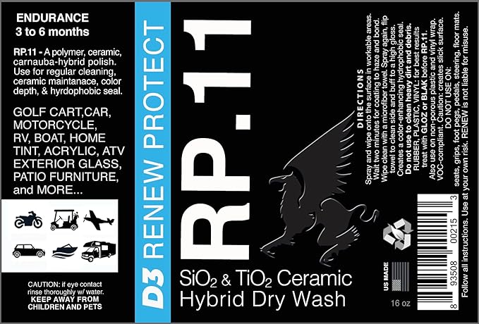 RENEW PROTECT - RP.11 Detailer 16oz- Strongest Detailing Spray & Dry-Wash, Ceramic-Hybrid Formula, Color Depth + Gloss Finish, Quartz & Titanium Ceramics, Fine Polish & High-Grade Carnauba