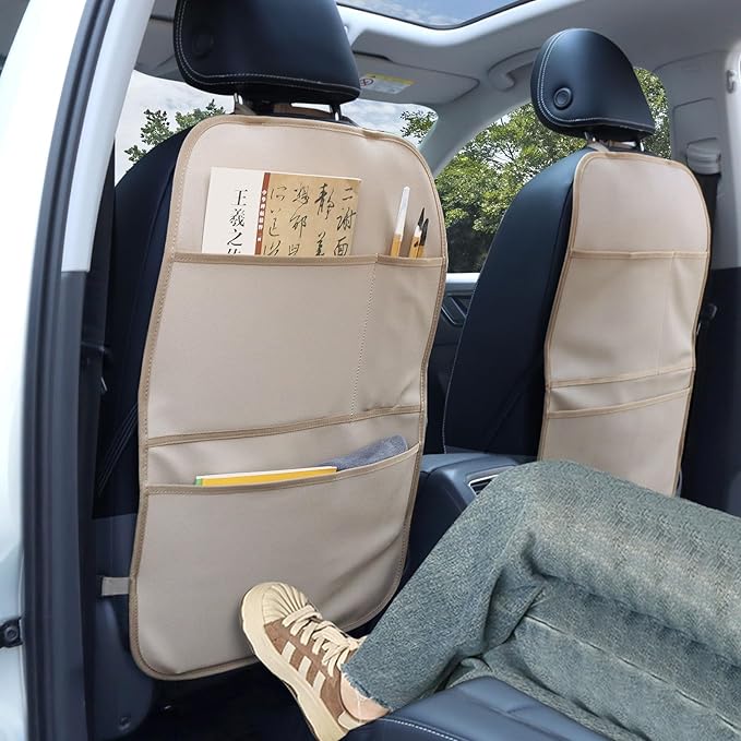 Kick Mat Back Seat Protector Waterproof Leather Car Seat Back Organizers Cover with 3 Storage Pockets for Kids Pets SUV Sedan Minivan Truck Car Travel Accessories (Beige 2-Pack)