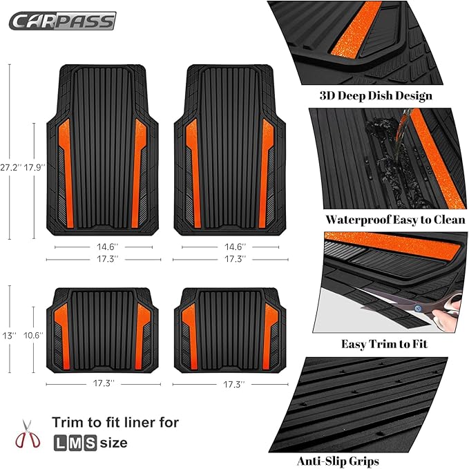 CAR PASS Heavy Duty Rubber Car Mats Metallic, Aluminum Film All Weather Floor Mats Waterproof Universal Trim to Fit SUVs Sedans Vans 4 Piece Anodized Deep Dish Two-Tone Sporty Black Orange Chrome