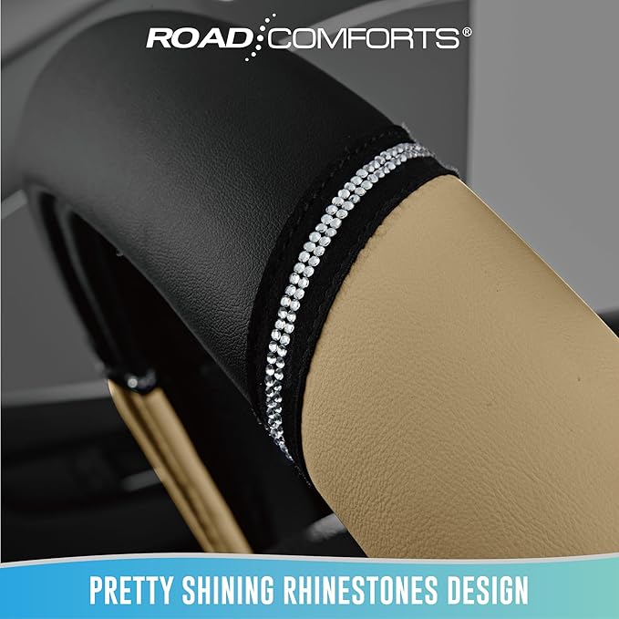 Road Comforts Leather Steering Wheel Cover - Made with PVC Leather - Anti-Slip, Universal Fit 14 1/2 inches to 15 inches - Beige