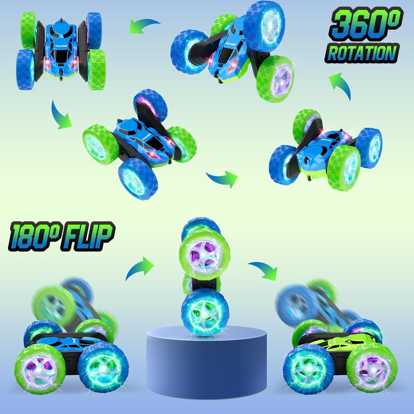 Remote Control Car for Kids RC Stunt Cars with Cool Wheel Lights 360° Rotating Boys Toys for Ages 6 7 8 9 10-12 Kids Gift Ideal(Blue&Green)